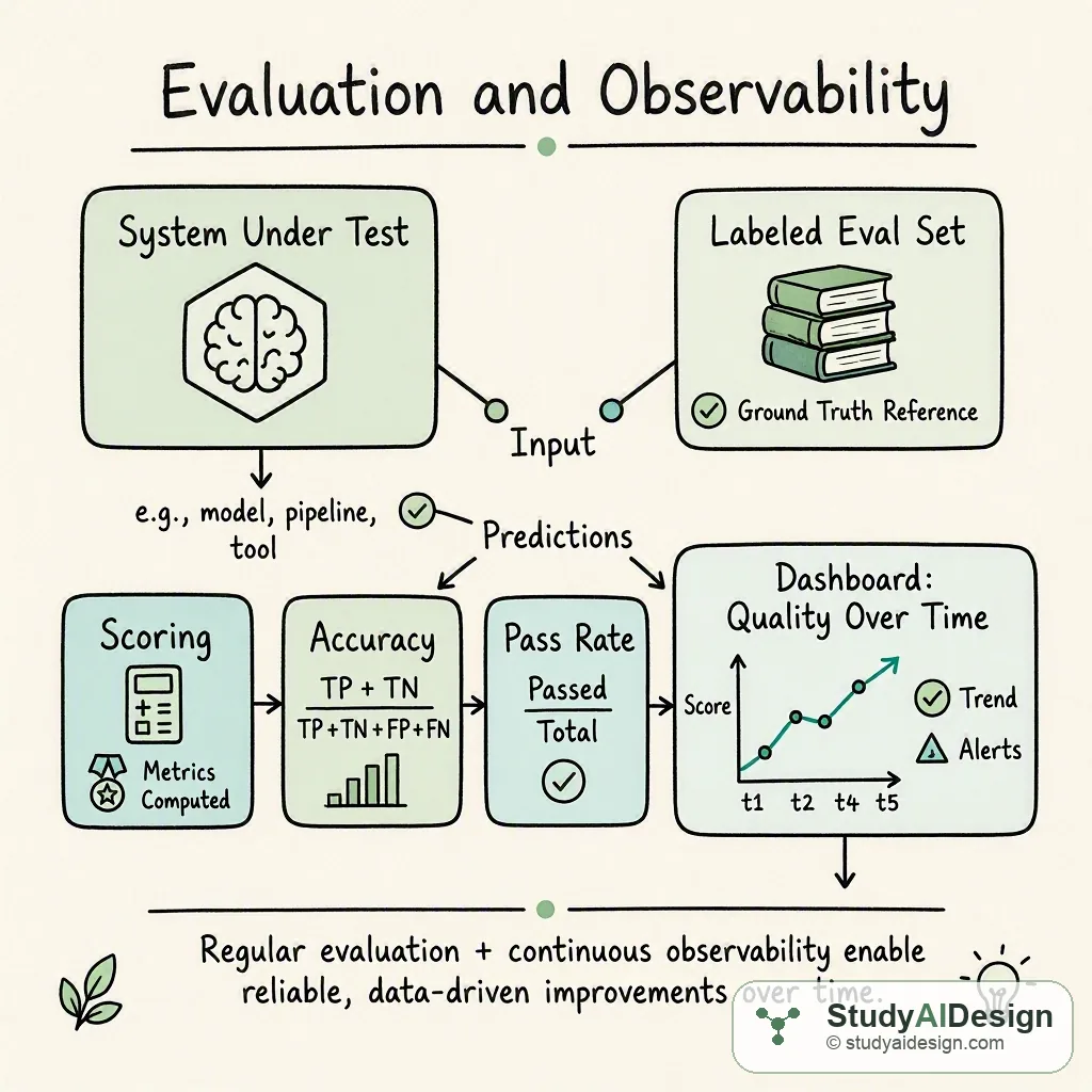 A hand-drawn diagram showing a system under test, a labeled eval set, scoring boxes, and a dashboard tracking quality over time.