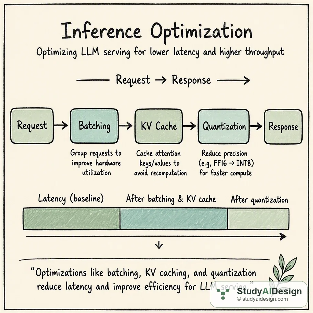 A hand-drawn diagram showing a request entering a serving stack with labeled boxes for batching, KV cache, and quantization, and a latency bar shrinking.