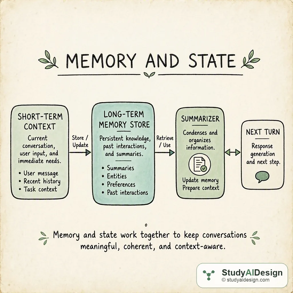 A hand-drawn diagram showing short-term context, a long-term memory store, and a summarizer feeding the next turn.