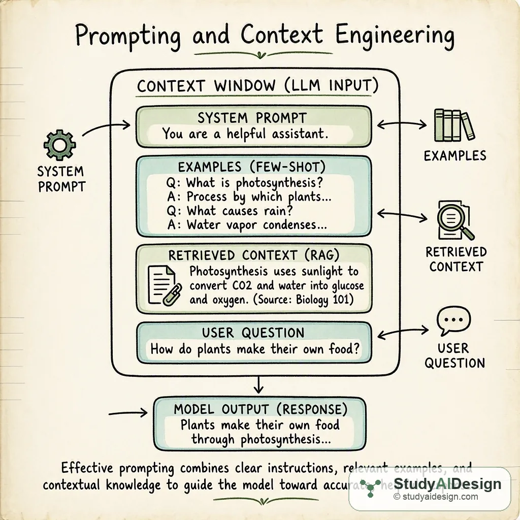 A hand-drawn diagram showing a context window filled with labeled blocks: system prompt, examples, retrieved context and the user question.