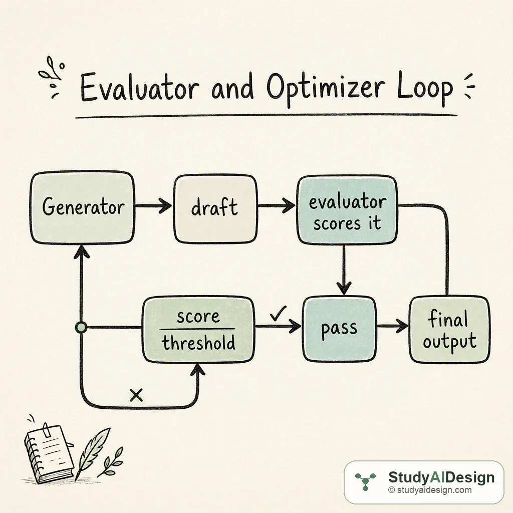 Generator produces a draft; evaluator scores it; if the score fails the threshold the critique loops back to the generator; a pass exits to final output.