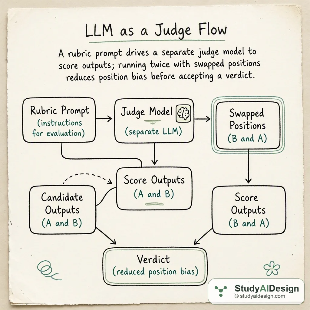 A rubric prompt drives a separate judge model to score outputs; running twice with swapped positions reduces position bias before accepting a verdict.