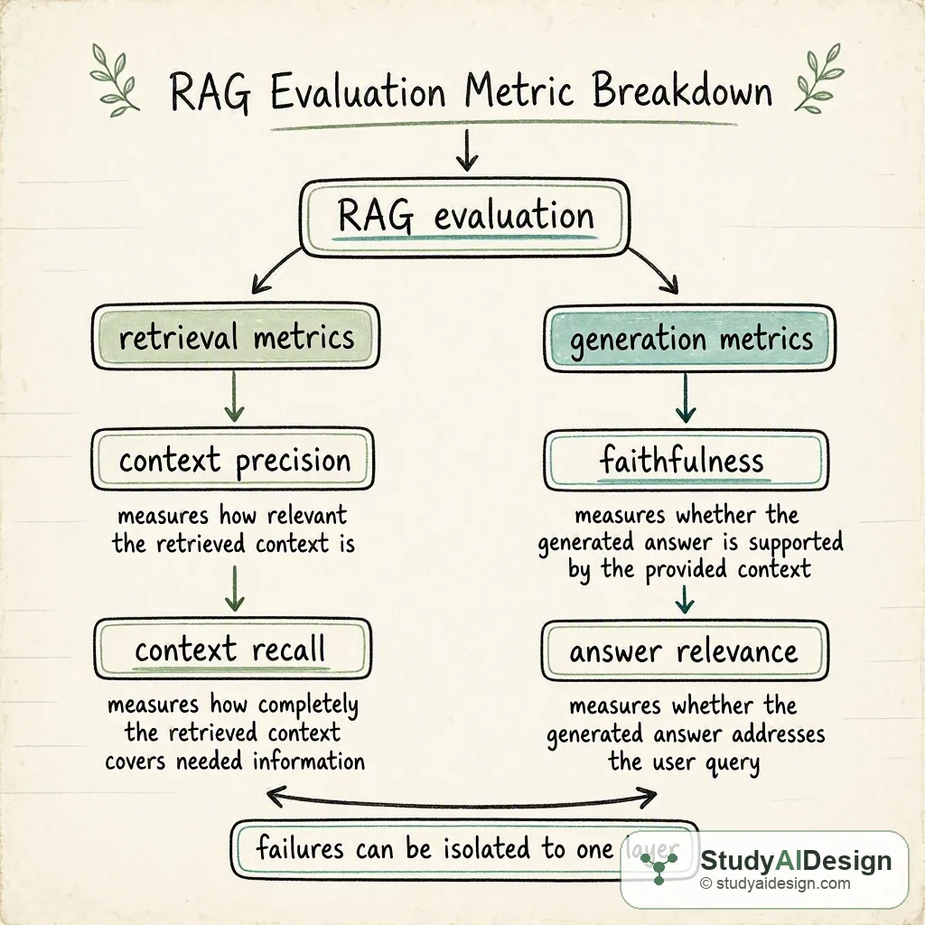 RAG evaluation splits into retrieval metrics (context precision and recall) and generation metrics (faithfulness and answer relevance) so failures can be isolated to one layer.