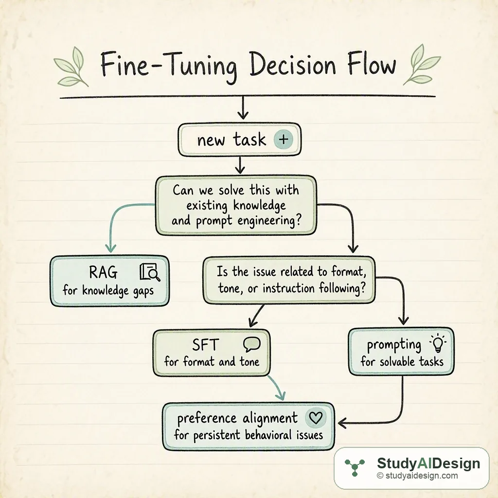 A decision tree routing from a new task to the right adaptation strategy: RAG for knowledge gaps, prompting for solvable tasks, SFT for format and tone, and preference alignment for persistent behavioral issues.