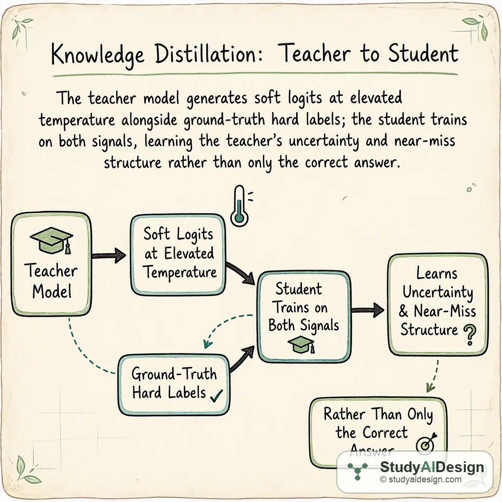 The teacher model generates soft logits at elevated temperature alongside ground-truth hard labels; the student trains on both signals, learning the teacher's uncertainty and near-miss structure rather than only the correct answer.