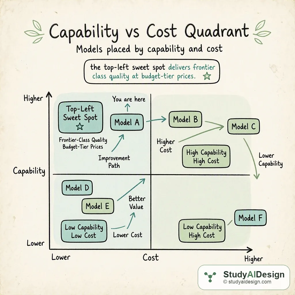 Models placed by capability and cost; the top-left sweet spot delivers frontier-class quality at budget-tier prices.