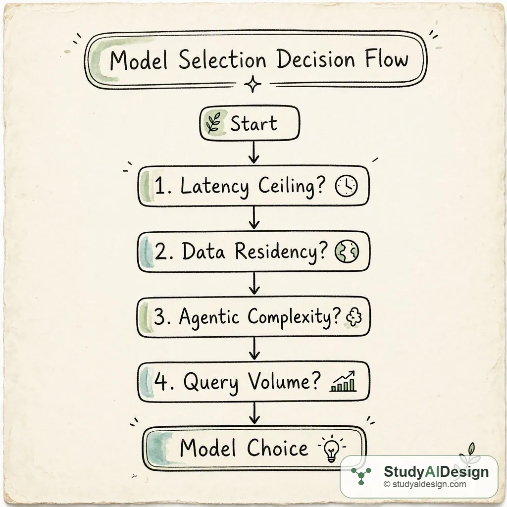 Four ordered questions narrow the model choice: latency ceiling, data residency, agentic complexity, and query volume.
