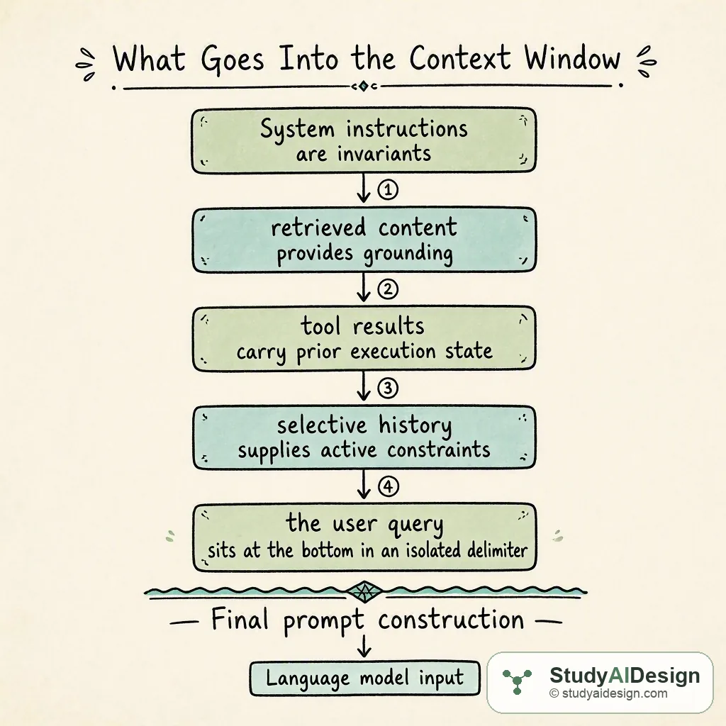 A context window holds five classes of content in descending priority order. System instructions are invariants; retrieved content provides grounding; tool results carry prior execution state; selective history supplies active constraints; the user query sits at the bottom in an isolated delimiter.