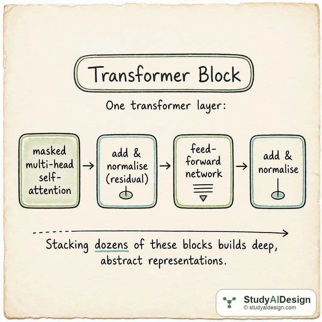 One transformer layer: masked multi-head self-attention → add & normalise (residual) → feed-forward network → add & normalise. Stacking dozens of these blocks builds deep, abstract representations.
