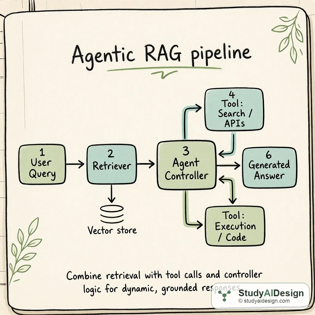 hand-drawn diagram of an agent retrieving documents, calling tools, and generating a response