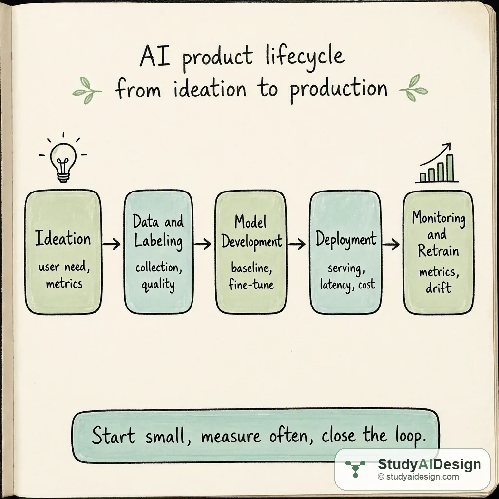 Hand-drawn flowchart showing ideation, data, model, deployment, monitoring boxes with arrows