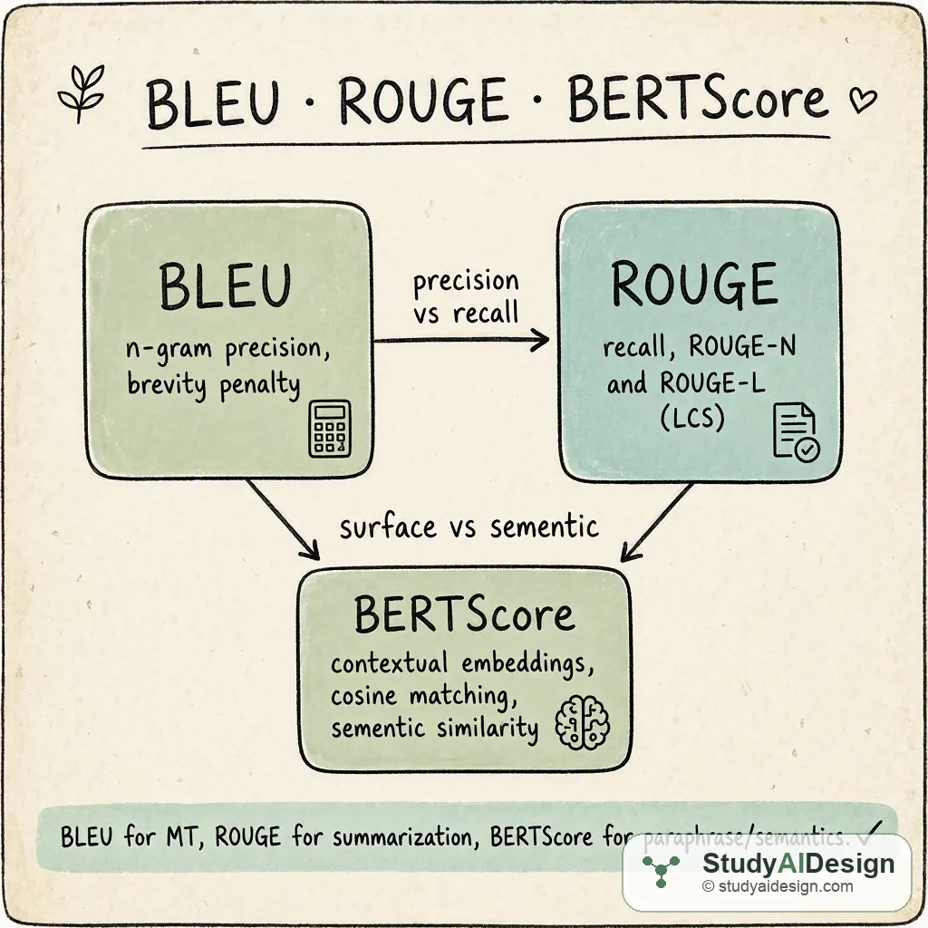 Hand-drawn knowledge card comparing BLEU, ROUGE, and BERTScore