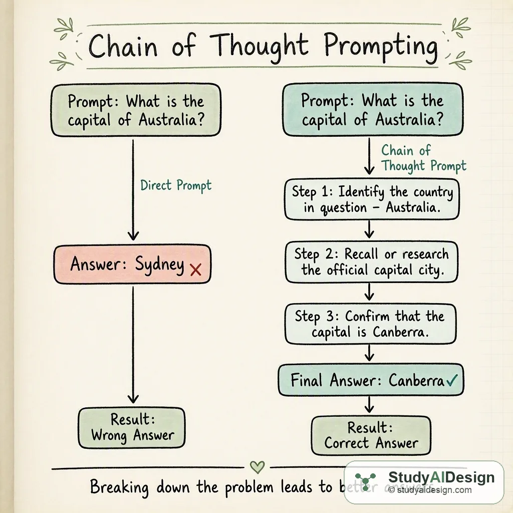 A hand-drawn knowledge card showing a model writing out reasoning steps before a final answer.