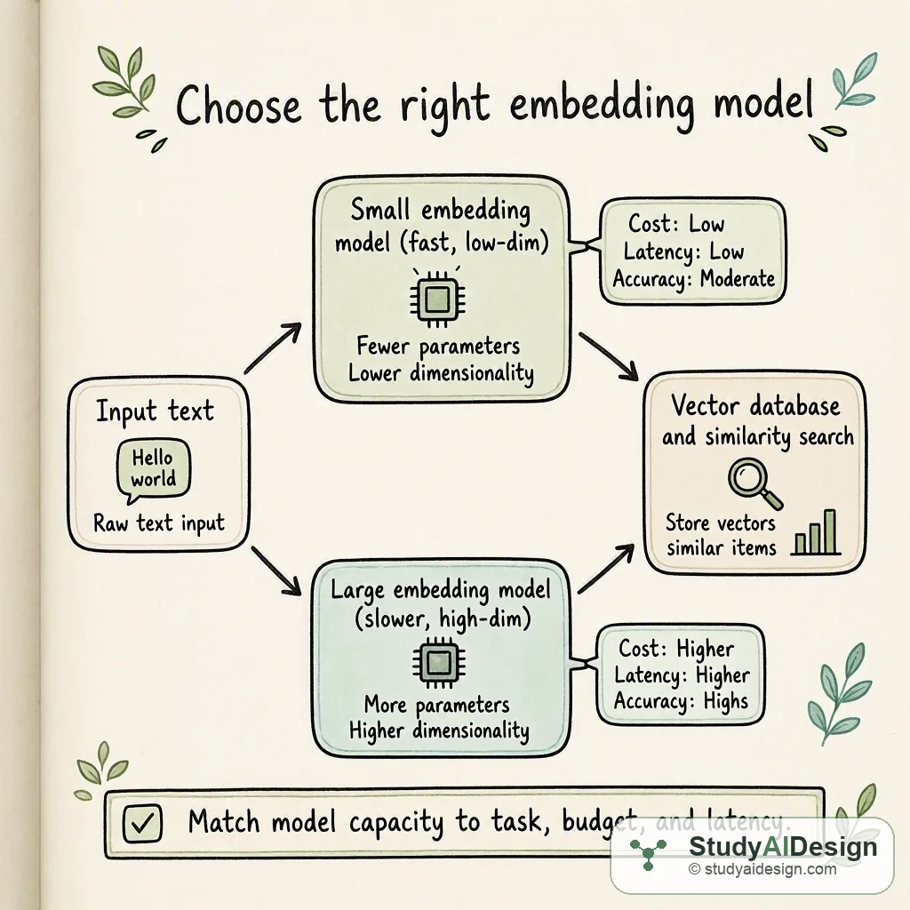 hand-drawn diagram showing text input, embedding model choices, vector database, and similarity results