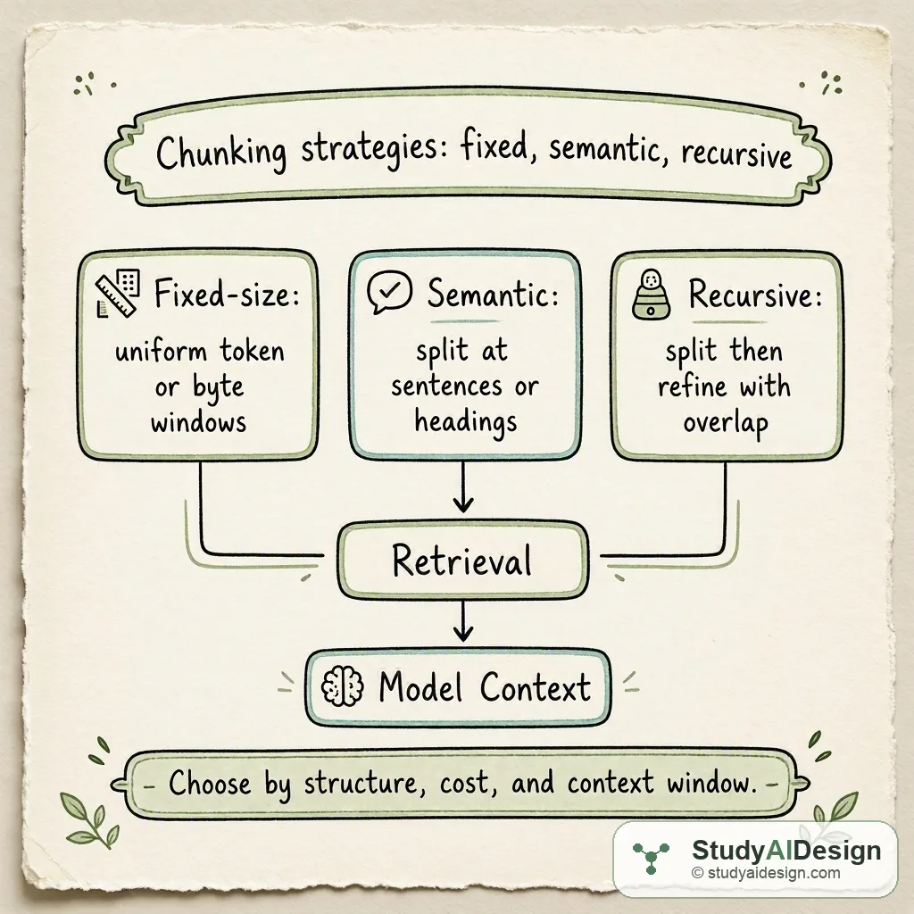 diagram showing three chunking strategies and arrows to retrieval and model context