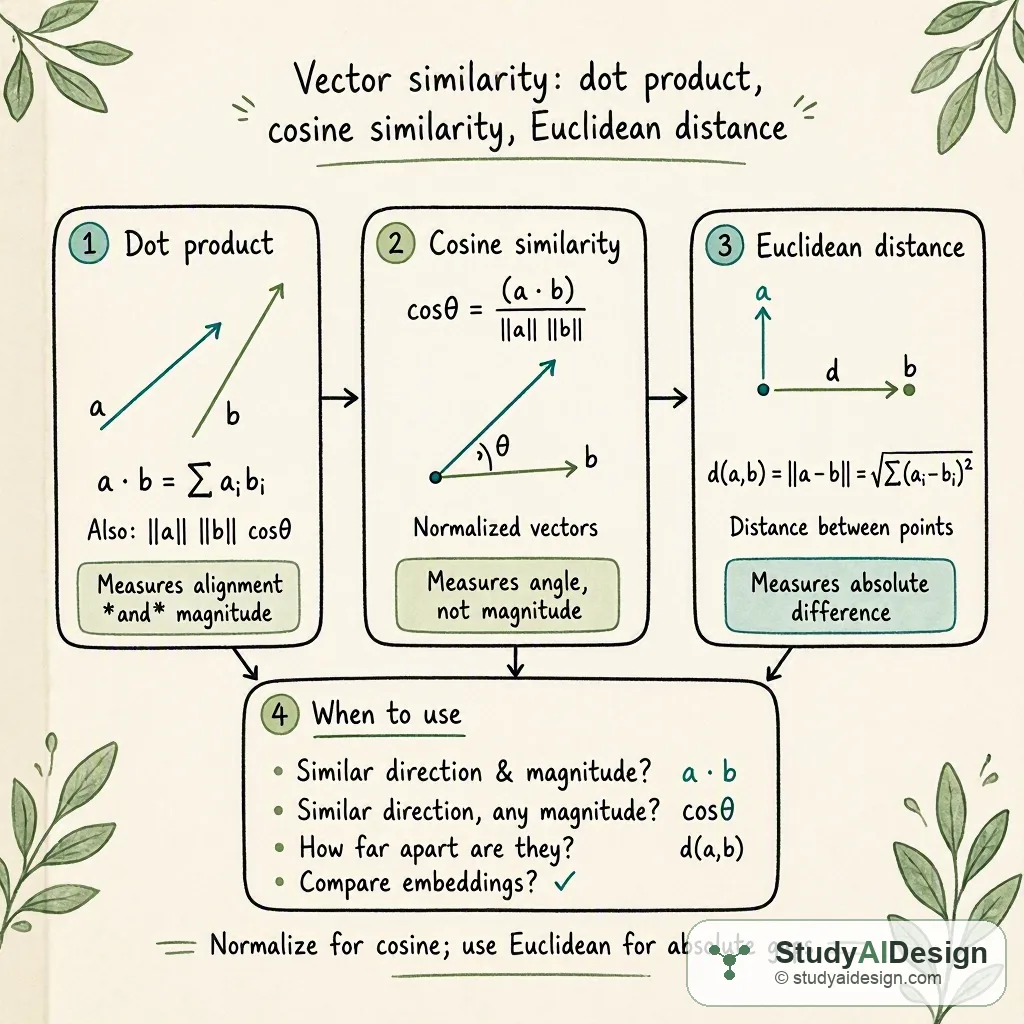 hand-drawn card with three labeled boxes for dot product, cosine similarity, and Euclidean distance