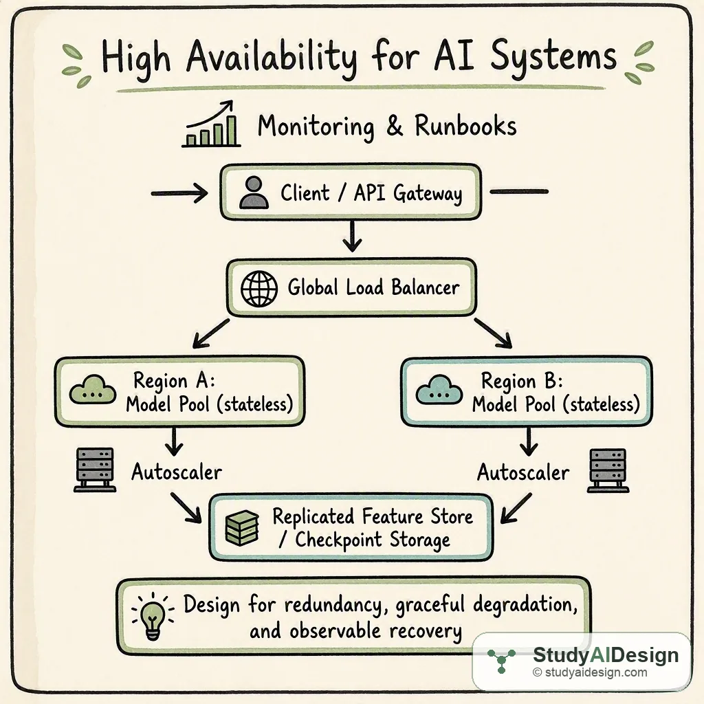 hand-drawn diagram of multi-region AI service with load balancer, model servers, storage, and monitoring