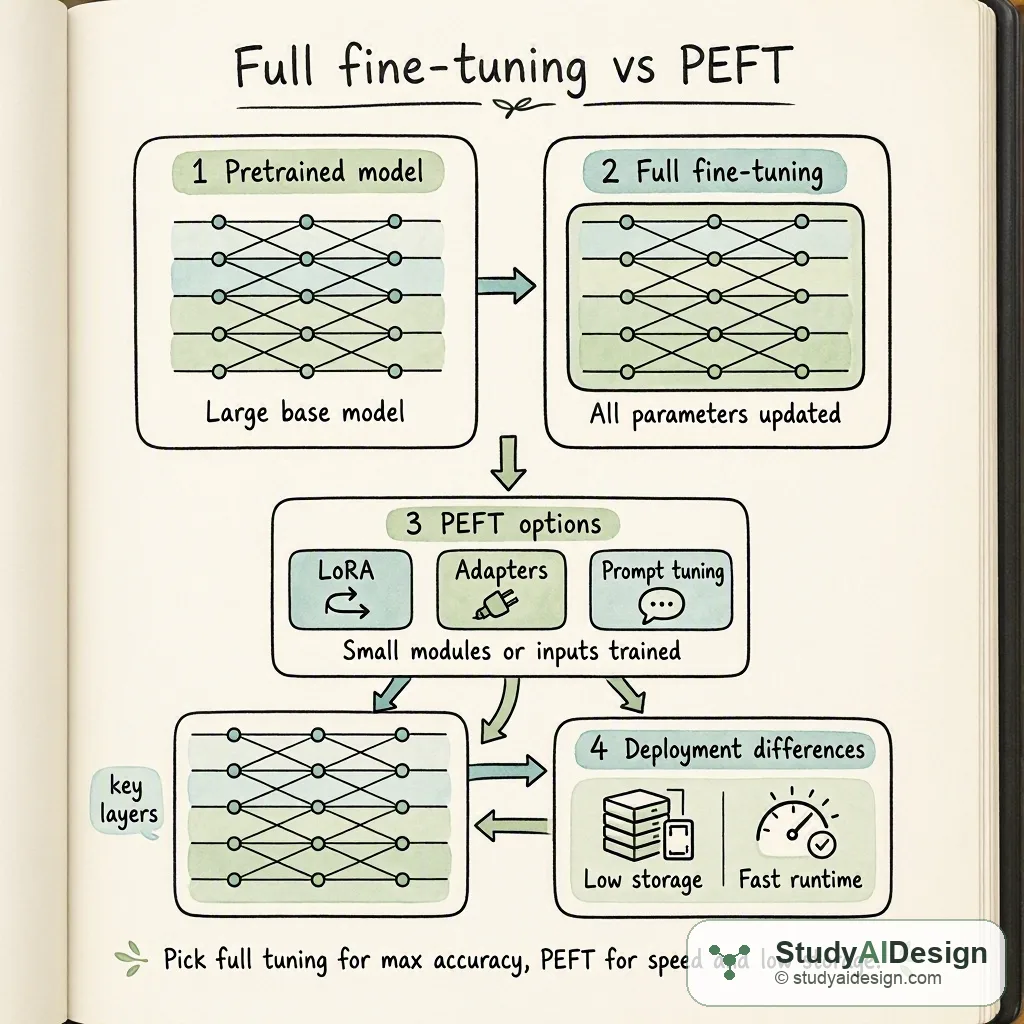 Hand-drawn card showing blocks for full fine-tuning and PEFT with arrows and a takeaway