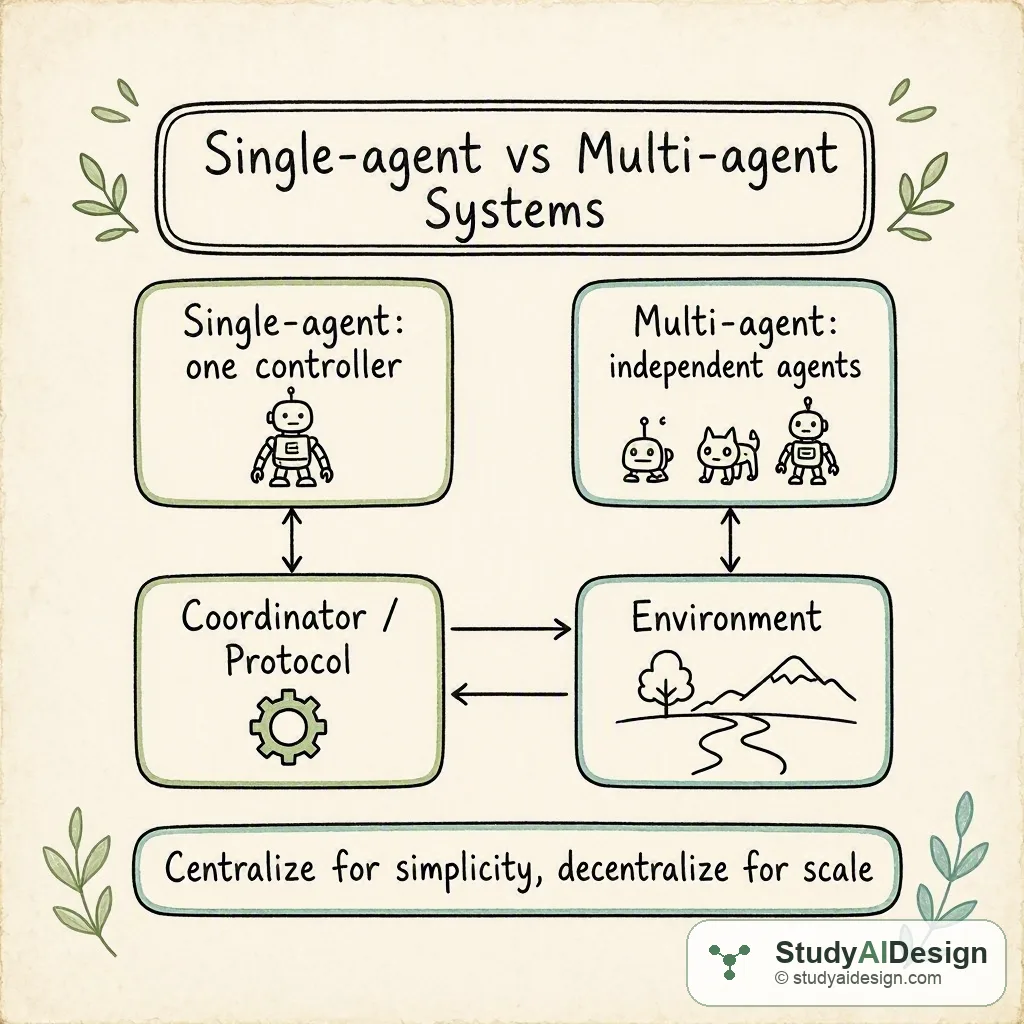 Hand-drawn comparison of single-agent box and multiple agent boxes with arrows showing interactions