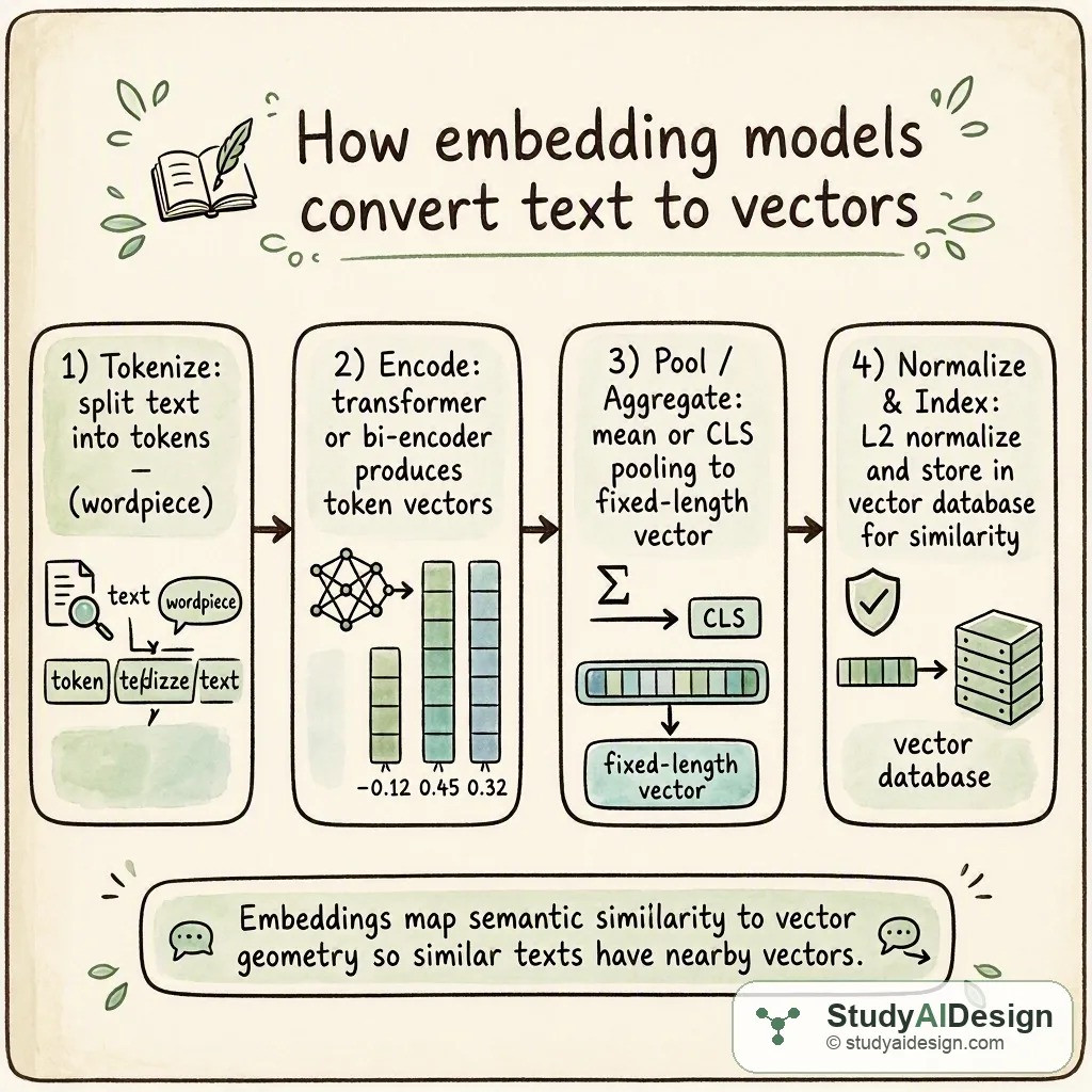 Hand-drawn diagram of text-to-vector pipeline with boxes for tokenize, encode, pool, normalize, search