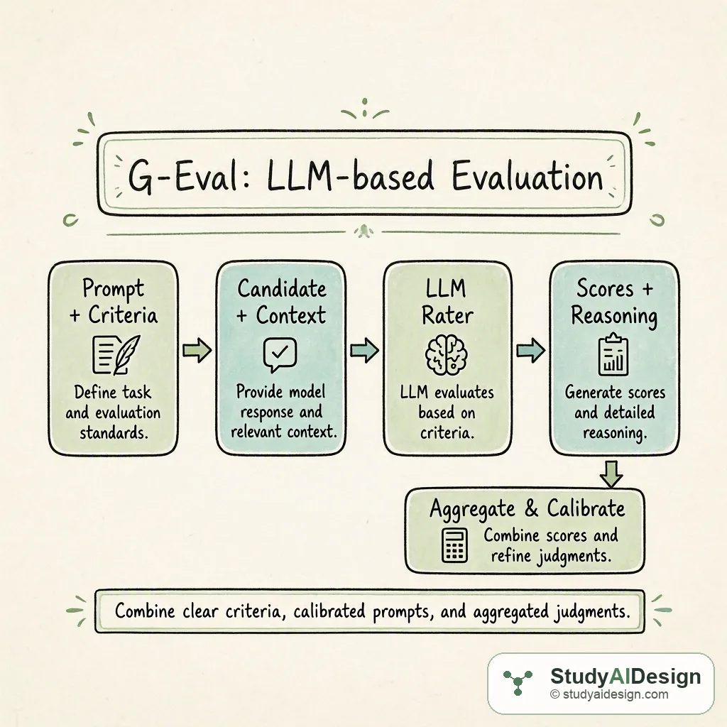 Hand-drawn diagram of the G-Eval pipeline: prompt, LLM, scorer, aggregator