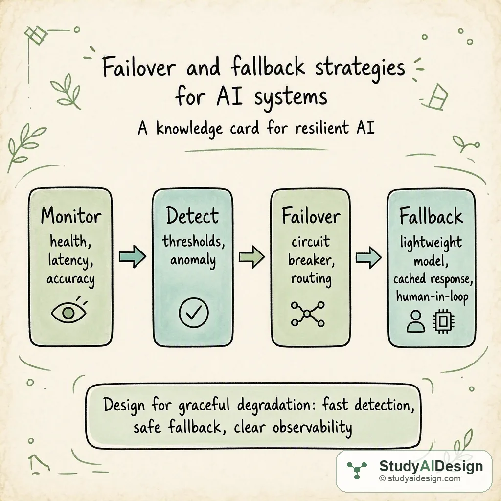 Hand-drawn flow of monitoring, detect, failover, and fallback actions between models and services