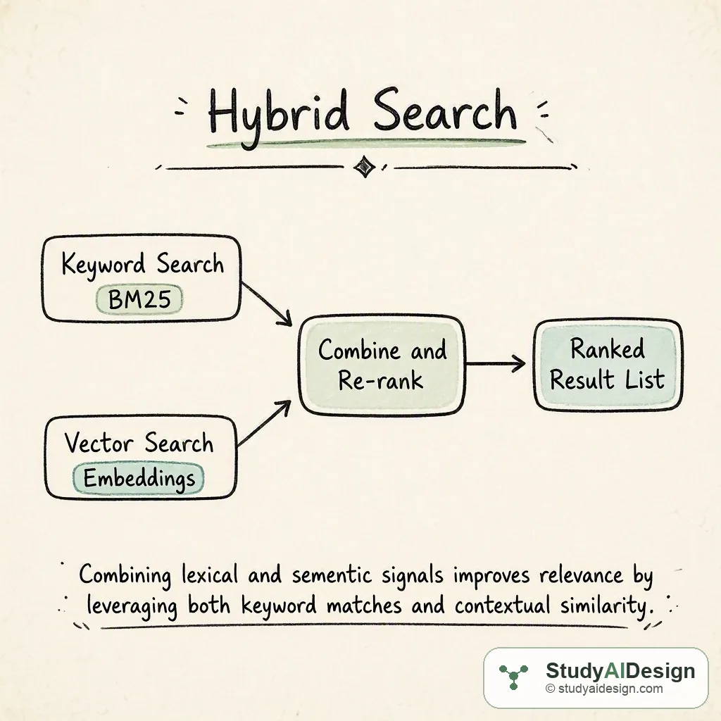 A hand-drawn knowledge card showing keyword search and vector search results combined into one ranked list.