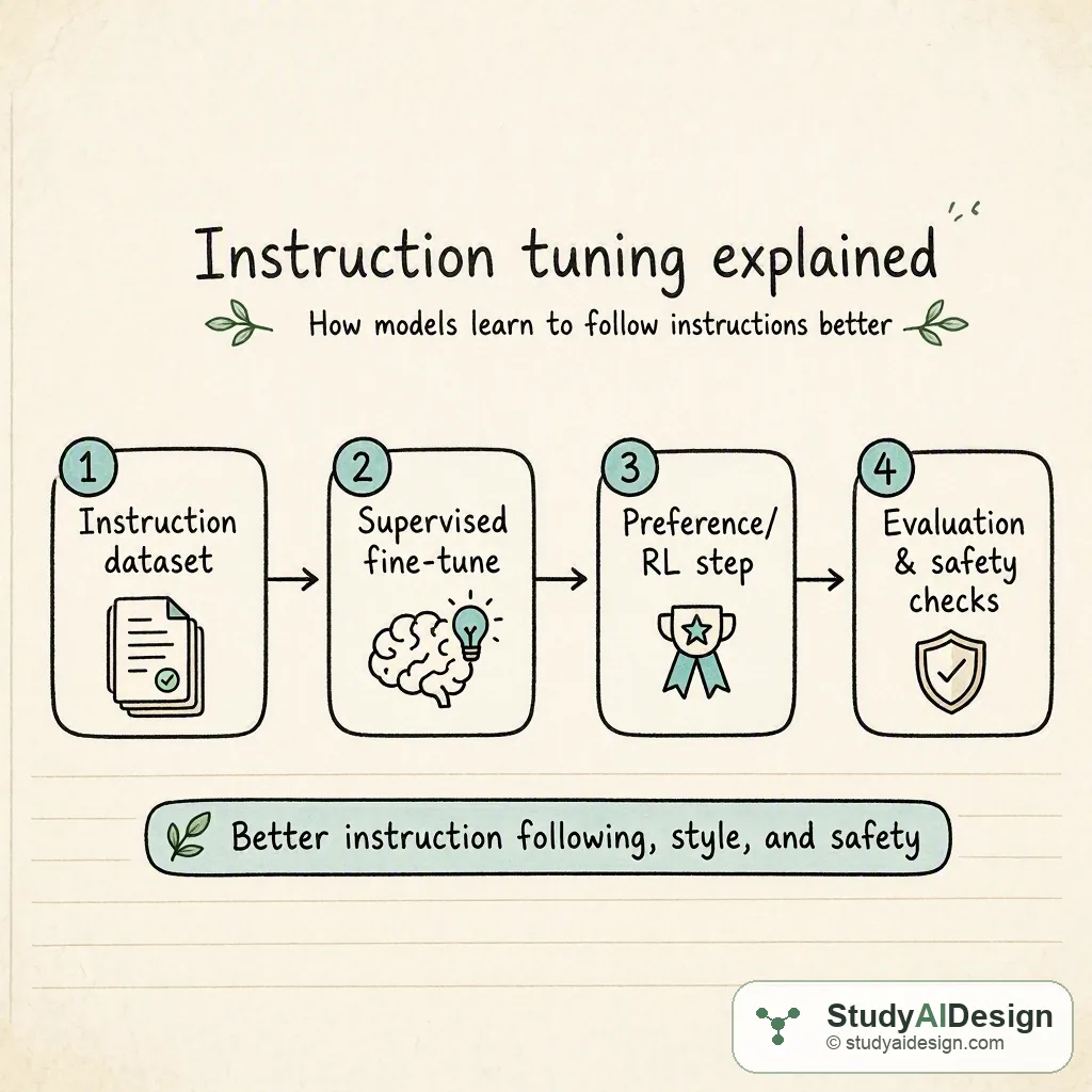 Hand-drawn card showing instruction tuning flow: dataset, fine-tune, evaluate, deploy