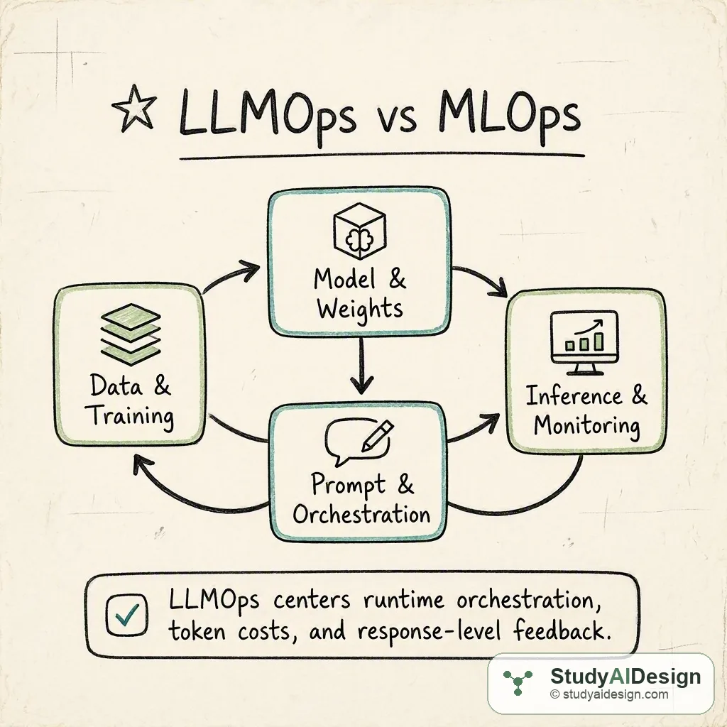Hand-drawn comparison of an LLMOps pipeline and a traditional MLOps pipeline