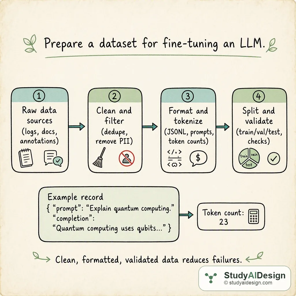 Hand-drawn flowchart of dataset preparation steps for LLM fine-tuning
