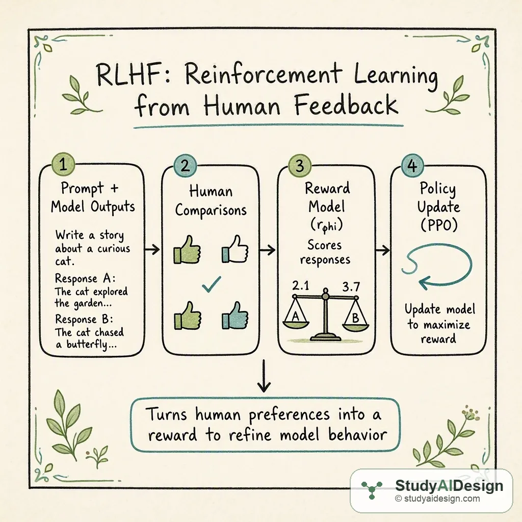 Hand-drawn diagram of RLHF pipeline: human labelers, reward model, policy update arrows and final aligned LLM