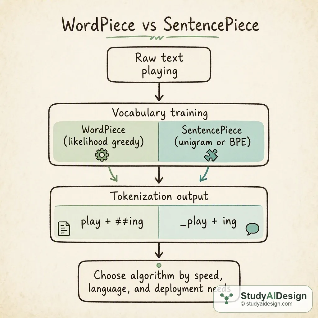 Hand-drawn diagram comparing WordPiece and SentencePiece tokenization flow with labeled boxes and arrows.