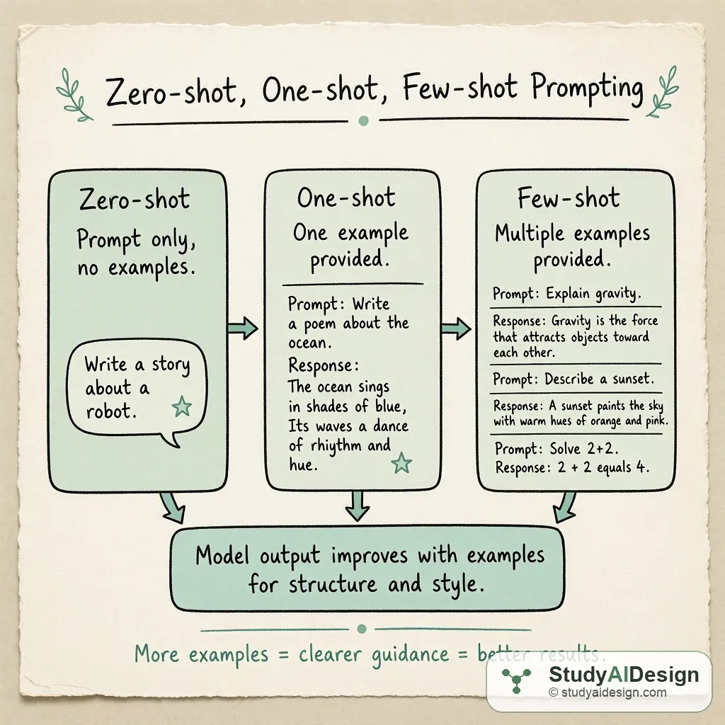 Hand-drawn knowledge card showing three prompt types with arrows and a takeaway